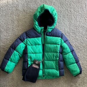 Kids Green & Blue Puffer Jacket (with hat) - Size 4T